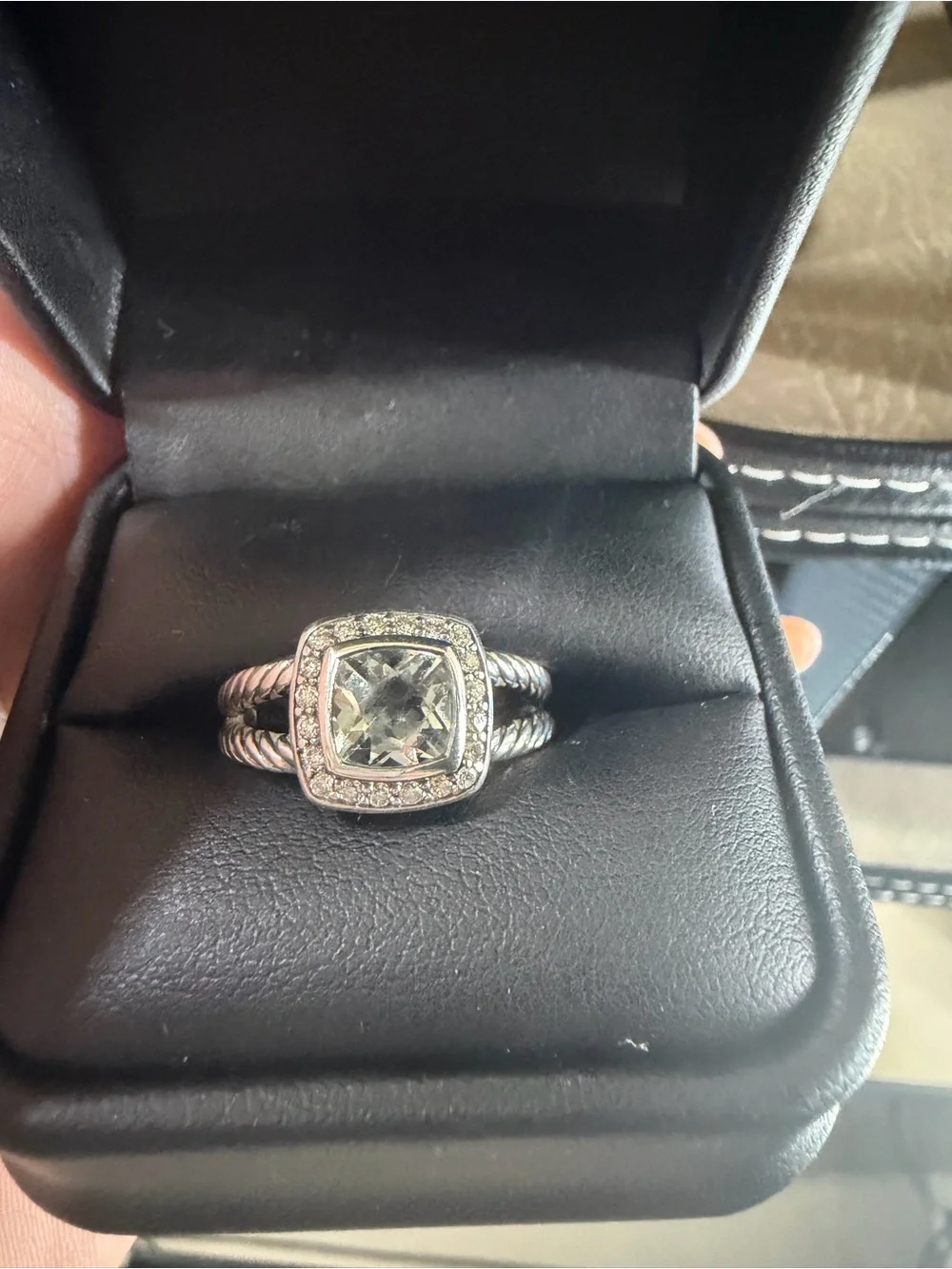 David Yurman Silver Ring with Light Green Cushion-Cut Center and Pavé Halo